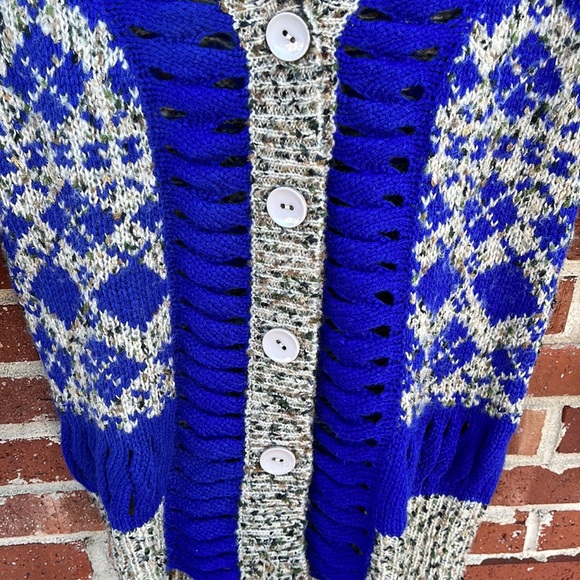 Miss Sasa Large Blue/Tan Button Down Cardigan - Picture 4 of 6